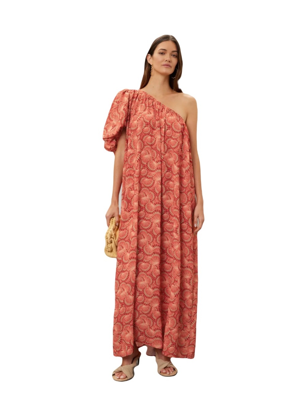 LoboRosa XL Orange Clam Shell print maxi dress Asymmetrical Balloon sleeve beach
